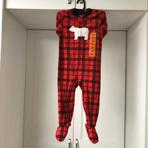 Carters 2T Toddler Sleeper Onesie With Feet NWT Polar Bear Red & Black Fleece - Picture 1 of 8